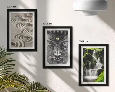 3-piece wall art set featuring a peaceful waterfall with stones and a Buddha statue