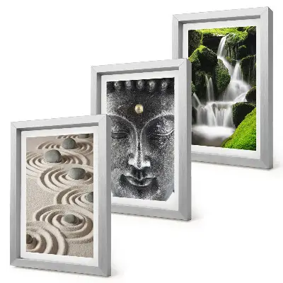 3-piece wall art set featuring a peaceful waterfall with stones and a Buddha statue