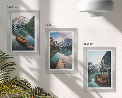 3-piece wall art set A lake in the mountains with boats and a wooden hut