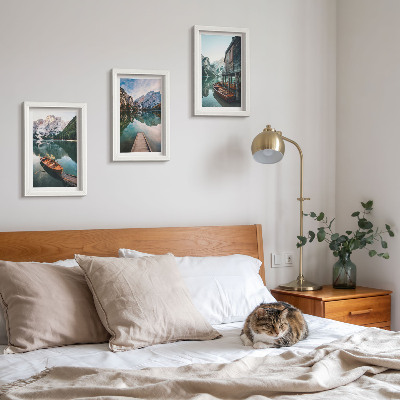 3-piece wall art set A lake in the mountains with boats and a wooden hut