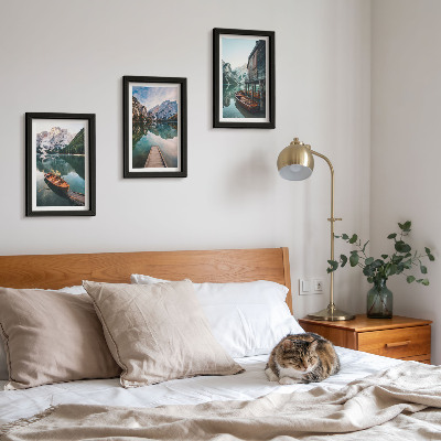 3-piece wall art set A lake in the mountains with boats and a wooden hut