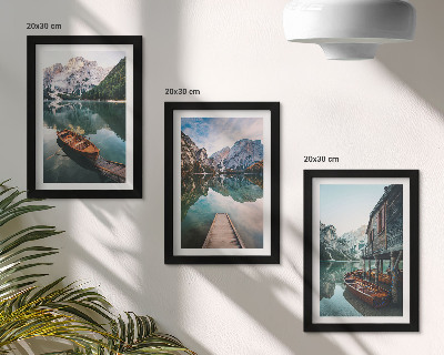 3-piece wall art set A lake in the mountains with boats and a wooden hut