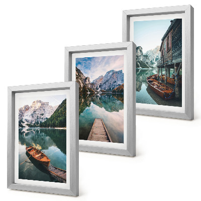 3-piece wall art set A lake in the mountains with boats and a wooden hut