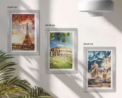 Photo frame wall set featuring monuments of Europe in warm landscape colors