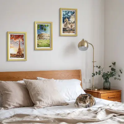 Photo frame wall set featuring monuments of Europe in warm landscape colors