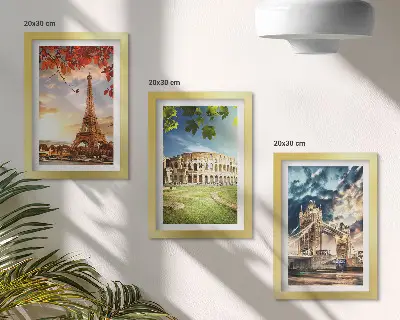 Photo frame wall set featuring monuments of Europe in warm landscape colors