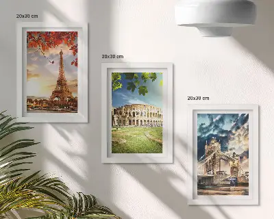 Photo frame wall set featuring monuments of Europe in warm landscape colors