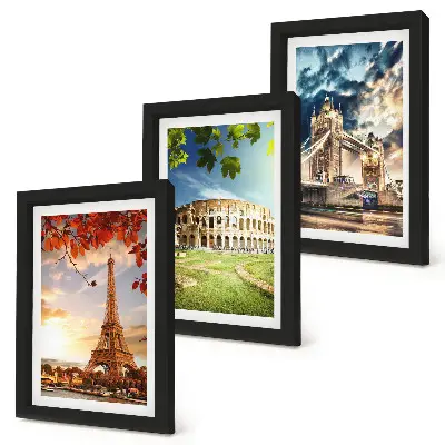 Photo frame wall set featuring monuments of Europe in warm landscape colors