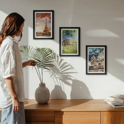 Photo frame wall set featuring monuments of Europe in warm landscape colors