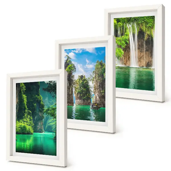 Green landscapes with waterfalls and rocks framed triptych