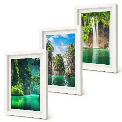 Green landscapes with waterfalls and rocks framed triptych