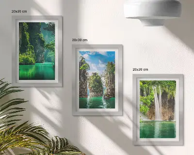 Green landscapes with waterfalls and rocks framed triptych