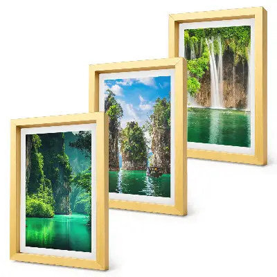 Green landscapes with waterfalls and rocks framed triptych