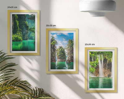 Framed triptych Green landscapes with waterfalls and rocks