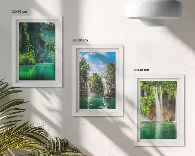 Green landscapes with waterfalls and rocks framed triptych