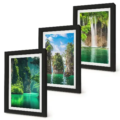 Green landscapes with waterfalls and rocks framed triptych
