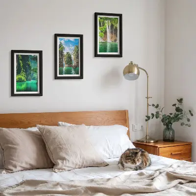 Green landscapes with waterfalls and rocks framed triptych