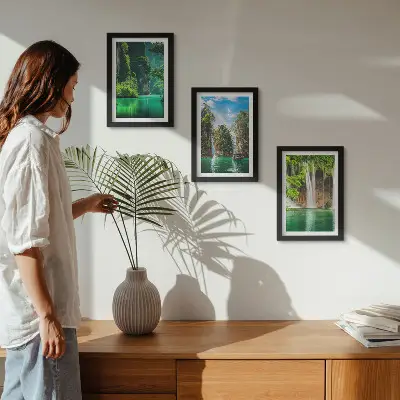 Green landscapes with waterfalls and rocks framed triptych