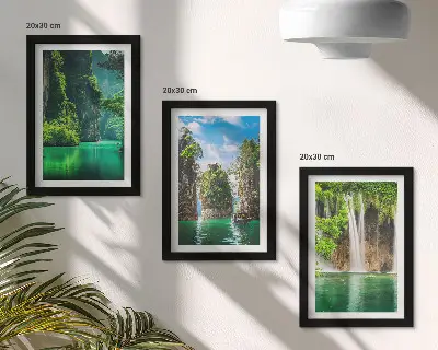 Green landscapes with waterfalls and rocks framed triptych