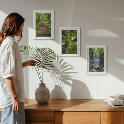 3-piece wall art set Forest path with waterfall and green vegetation