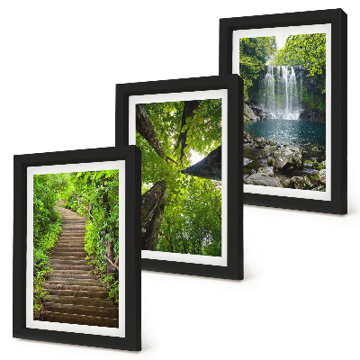 3-piece wall art set Forest path with waterfall and green vegetation