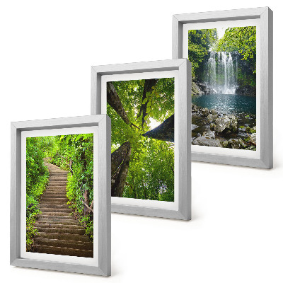 3-piece wall art set Forest path with waterfall and green vegetation