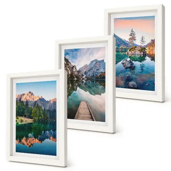Mountain lakes framed triptych with reflections in the water and forest