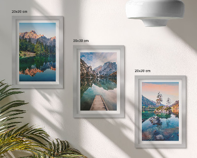 Framed triptych Mountain lakes with reflections in the water and forest