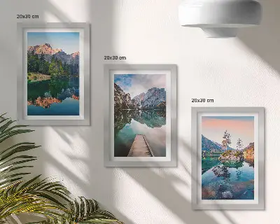 Mountain lakes framed triptych with reflections in the water and forest