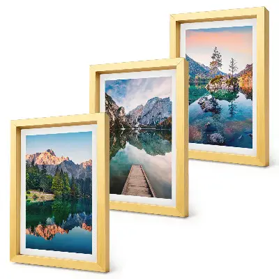 Mountain lakes framed triptych with reflections in the water and forest
