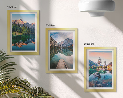 Framed triptych Mountain lakes with reflections in the water and forest