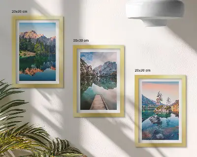 Mountain lakes framed triptych with reflections in the water and forest