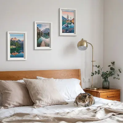 Mountain lakes framed triptych with reflections in the water and forest