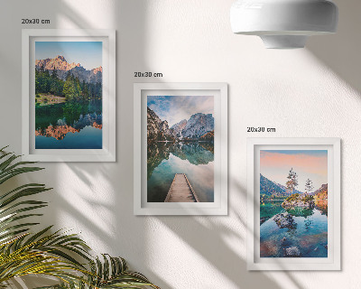 Framed triptych Mountain lakes with reflections in the water and forest