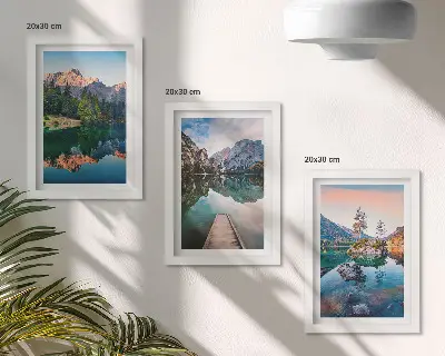 Mountain lakes framed triptych with reflections in the water and forest