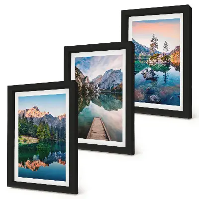 Mountain lakes framed triptych with reflections in the water and forest
