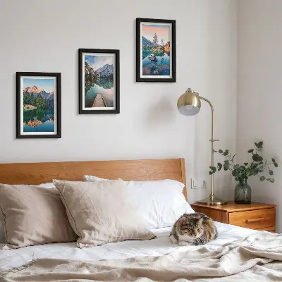 Mountain lakes framed triptych with reflections in the water and forest