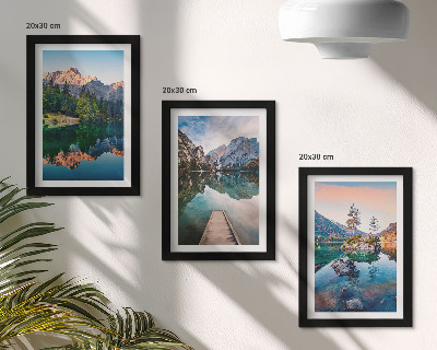 Framed triptych Mountain lakes with reflections in the water and forest