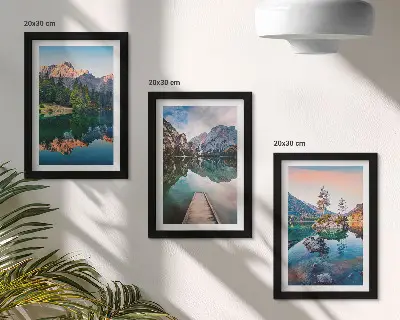 Mountain lakes framed triptych with reflections in the water and forest