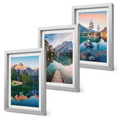 Mountain lakes framed triptych with reflections in the water and forest