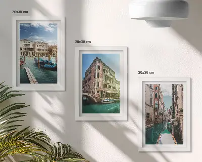 Framed triptych Views of Venice with canals and urban architecture