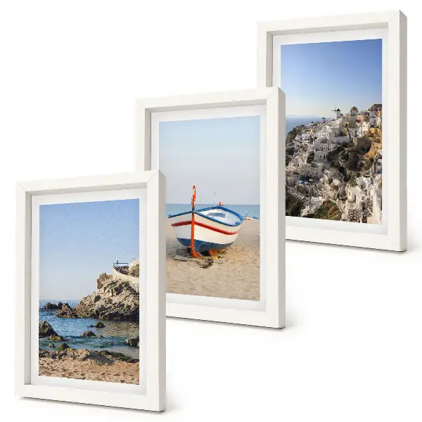 3-Piece wall art set seaside views with boats and white houses in Greece