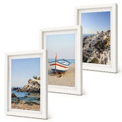 3-Piece wall art set seaside views with boats and white houses in Greece