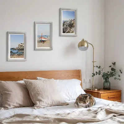 3-Piece wall art set seaside views with boats and white houses in Greece