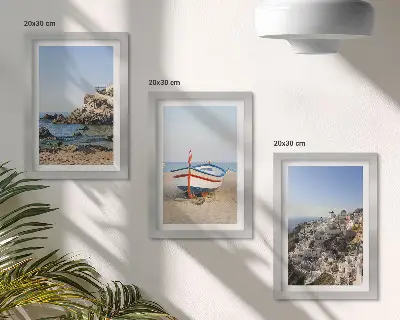 3-Piece wall art set seaside views with boats and white houses in Greece