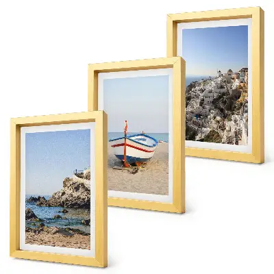 3-Piece wall art set seaside views with boats and white houses in Greece