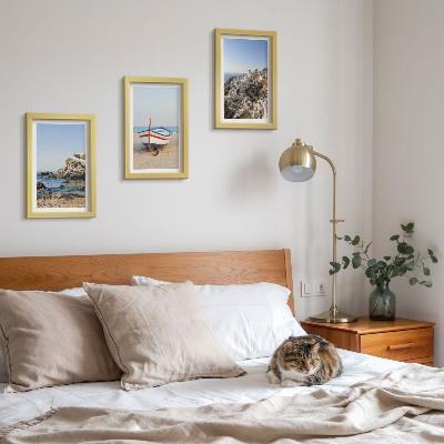 3-piece wall art set Seaside views with boat and white houses Greece