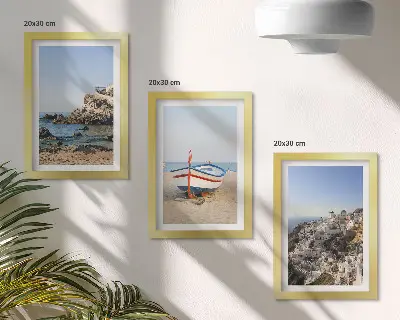 3-Piece wall art set seaside views with boats and white houses in Greece