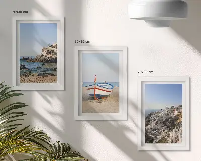 3-Piece wall art set seaside views with boats and white houses in Greece