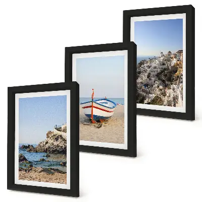 3-Piece wall art set seaside views with boats and white houses in Greece